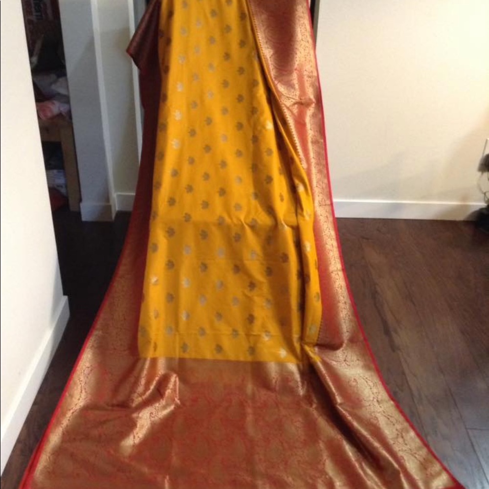 Mustard yellow and red border Benarasi saree